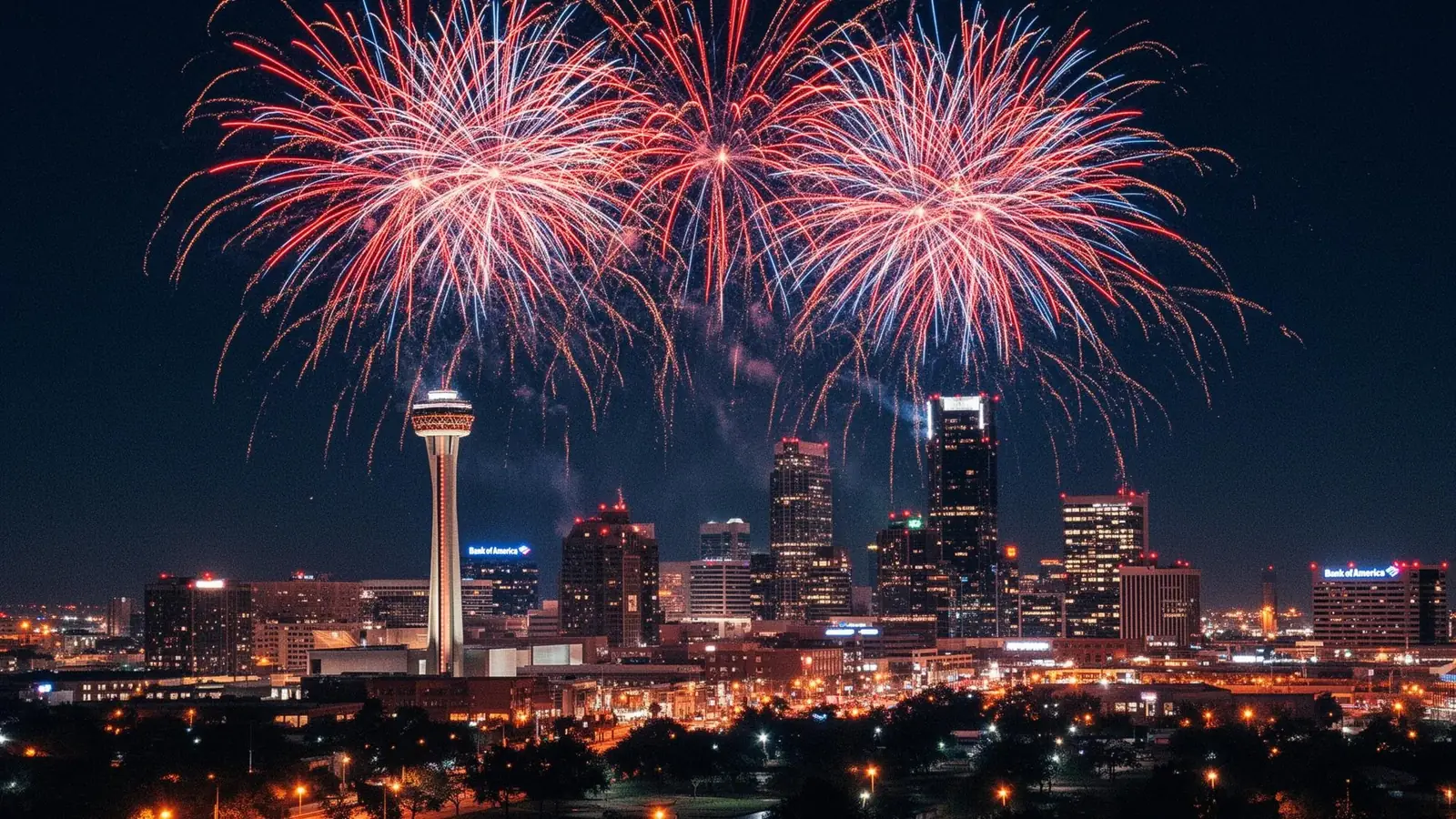 Fireworks bursting over the Dallas Fort Worth skyline