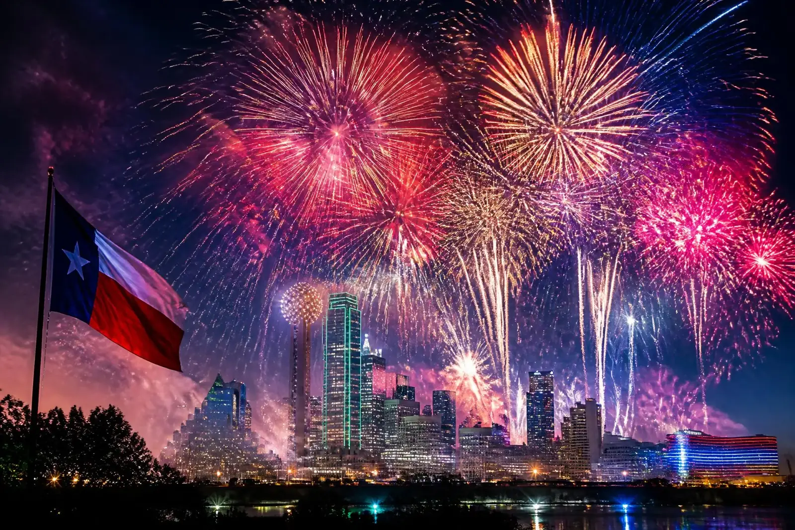Fireworks bursting over the Dallas Fort Worth skyline