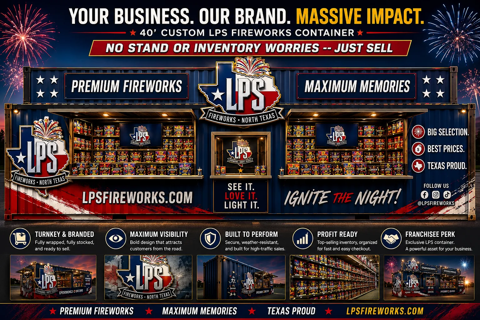 LPS Fireworks 40-foot custom branded container stand — premium fireworks, maximum memories